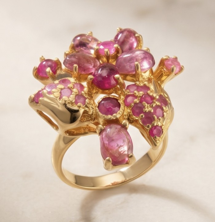 Bella Rosa Genuine 7.5 CARAT Ruby 22k Gold over .925 Sterling Silver Statement Ring size 8 1/4 - Ruby ring in 22k gold, side view with stone details, Bella Rosa collection.