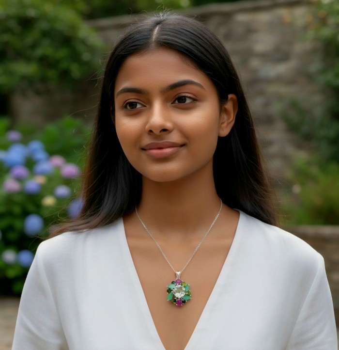 Colors of the Earth Precious 18.5 carat Green Amethyst .925 Sterling Silver dipped in rhodium Pendant - Woman wearing Colors of the Earth necklace with green amethyst pendant