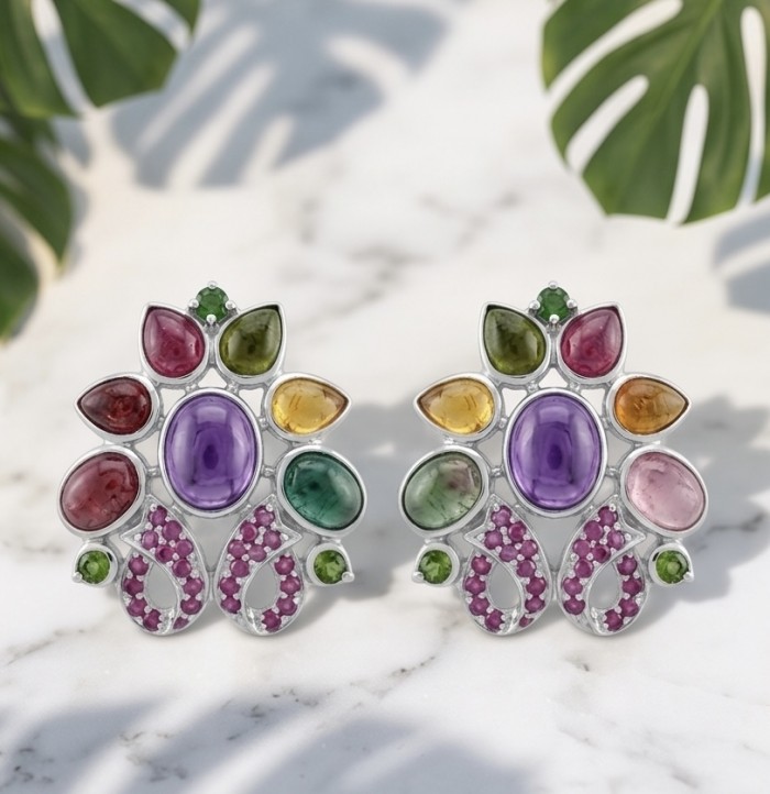 Dolce Vita Genuine 15.9 carat Brazilian Amethyst rhodium over .925 Sterling Silver handcrafted Statement handcrafted earrings - Colorful gemstone earrings with Brazilian Amethyst, top view.