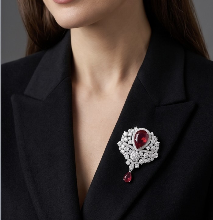 Heirloom Genuine 23.7 carat Kasmir Ruby .925 Sterling Silver handmade Pendant - Brooch - Woman wearing a brooch with a 23.7 carat Kashmir ruby on lapel.