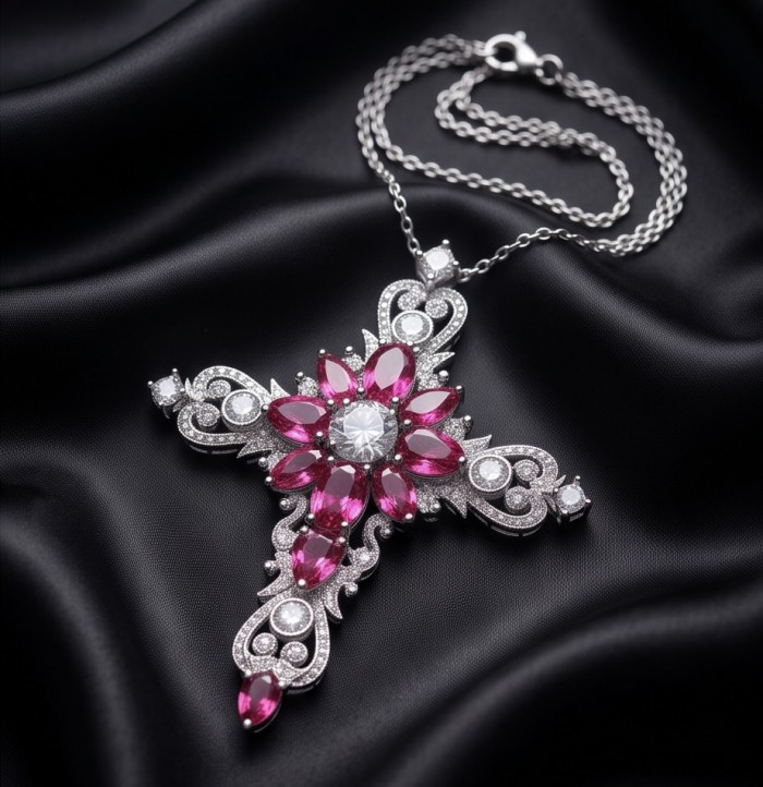 Precious Cross Genuine 14.2 carat Garnet rhodium over .925 Sterling Silver handmade necklace - Cross necklace with garnet stones on black fabric, top view.