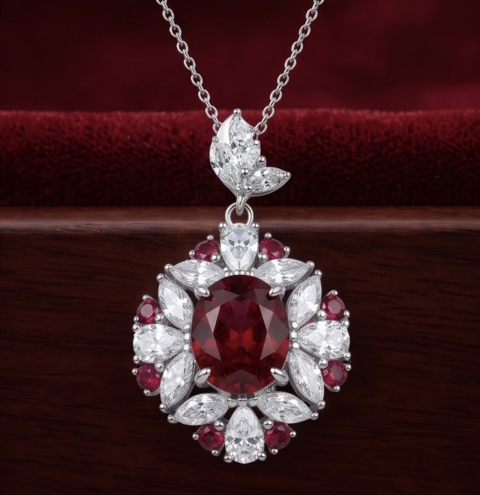 Luxurious 10.9 carat natural Mozambique Ruby .925 Sterling Silver .925 Sterling Silver Statement Necklace - Close-up of a luxurious ruby and diamond pendant on a silver chain.