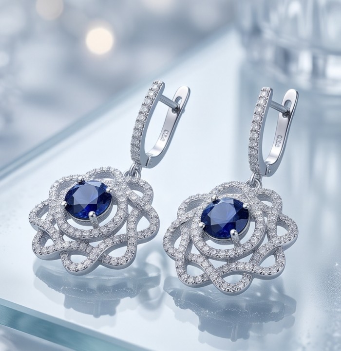 Authentic pear cut 4.1 carat Sapphire .925 Sterling Silver handcrafted earrings - Close-up of sapphire earrings in .925 sterling silver with intricate design.