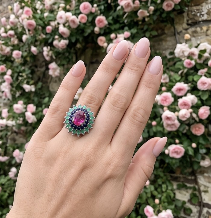 Giovanna 19.2 carat Ruby Emerald Sapphire .925 Sterling Silver dipped rhodium handmade Statement Ring size 6 3/4 - Hand with Giovanna ruby and emerald ring, pink roses in background.