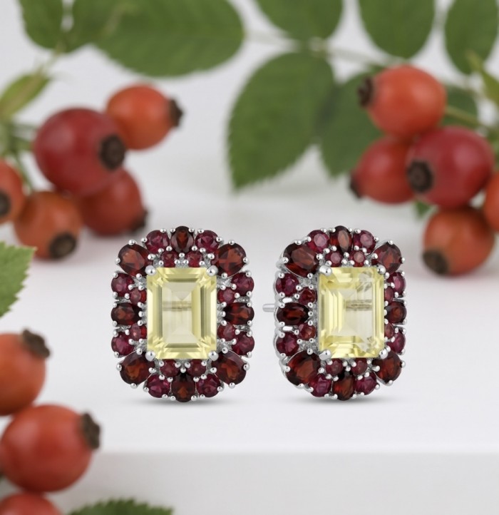 Victoria Authentic 10.5 carat Brazilian Citrine .925 Sterling Silver brilliantly dipped in rhodium handcrafted Statement earrings - Front view of citrine and ruby earrings with berry background.