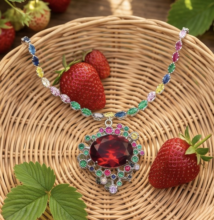 DEVOTION - 27.5 carat Pink Topaz RHODIUM over .925 Silver handcrafted Statement necklace - Colorful necklace with large pink topaz, strawberries in background