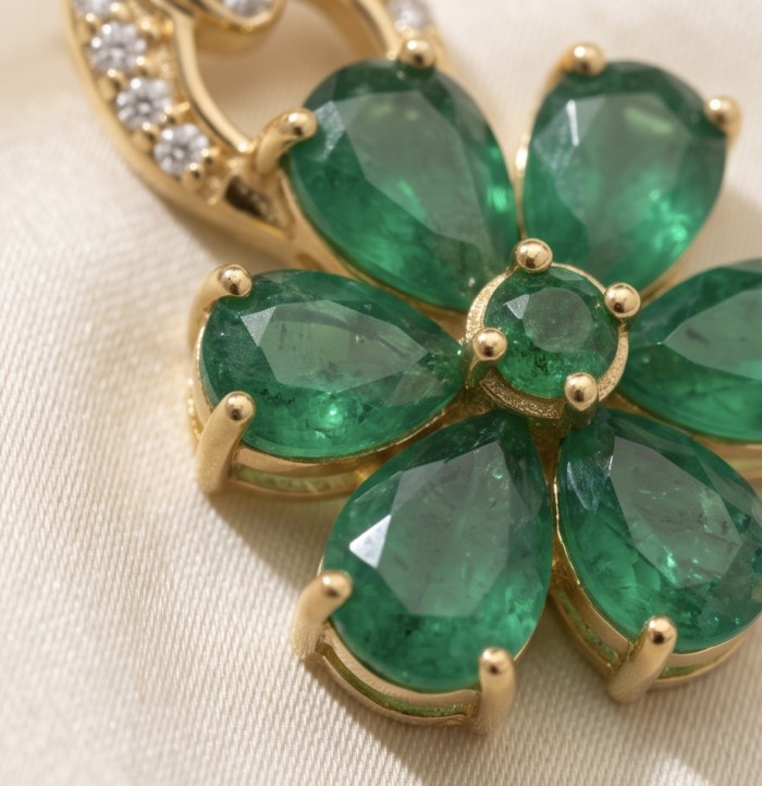 Emily - Authentic 7.5 CARAT Colombian Emerald 18K Gold over .925 Sterling Silver handcrafted earrings - Close-up of Colombian emerald pendant in 18K gold setting.