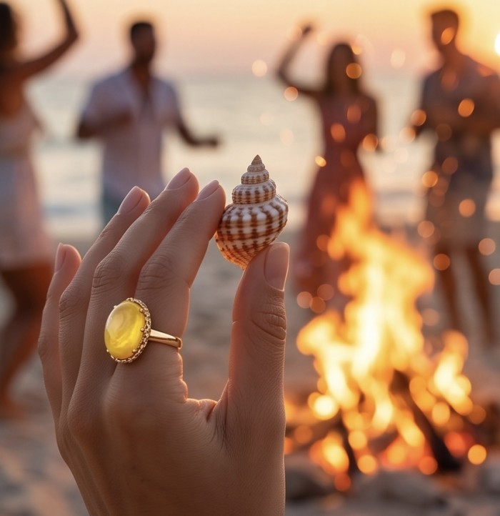 Vintage Style Authentic Golden Butterscotch Baltic Amber 18K Gold over .925 Sterling Silver entirely handcrafted ring; s. 6 - Hand wearing vintage amber ring, beach fire, and shell in background.