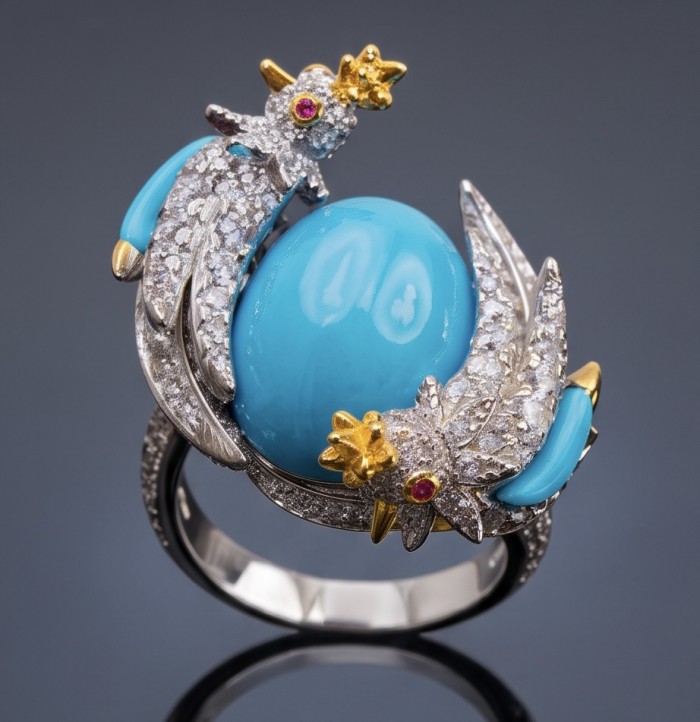 Birds on a Rock 0.7 carat Lab Grown Diamond genuine Sleeping Beauty Turquoise Ring in .925 Sterling Silver partially plated with 22K Gold size 7 - Birds on a Rock ring, top view highlighting diamonds and turquoise stone.