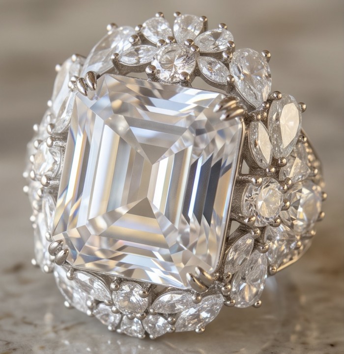Asscher cut 25.2 carat White Topaz rhodium over .925 Silver handcrafted Cocktail Ring s. 7 1/4 - Close-up of Asscher cut 25.2 carat white topaz ring in rhodium setting