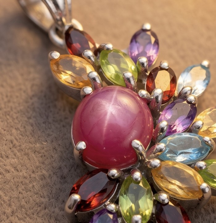 Summer Fiesta 22.8 carat Precious Kashmir Ruby Multigem rhodim over .925 Sterling Silver dipped in rhodium Pendant - Stone close-up of multigem pendant featuring a Kashmir ruby