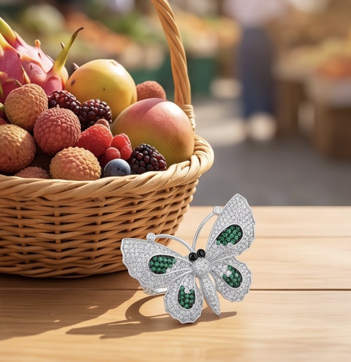 Precious Butterfly Genuine 8.5 carat Emerald .925 Sterling Silver handmade LARGE Statement Ring size 7 1/2 - Butterfly brooch front view with fruit basket in background