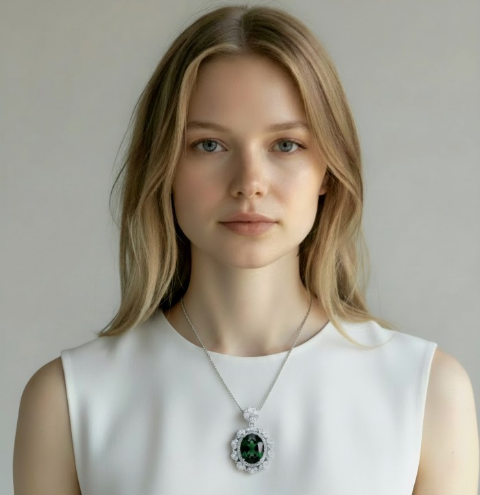 Tiffany Incredible oval cut 20.4 carat Tsavorite Garnet .925 Sterling Silver handcrafted pendant - Woman wearing Tiffany oval-cut Tsavorite Garnet necklace, front view.
