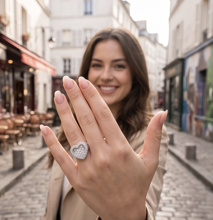 Art Deco Precious Heart - 10.5 carat White Sapphire .925 Sterling Silver Handcrafted Statement Ring size 7 1/2 - Heart-shaped white sapphire ring worn on hand in urban setting