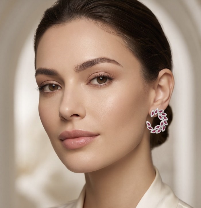Precious - Art Deco 10.2 carat Ruby .925 Sterling Silver handmade earrings - Woman wearing Art Deco Ruby Sterling Silver earrings, side view.