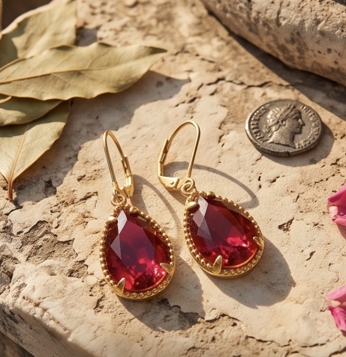 Giovanna - Magnificent classic design - 12.2 carat Kasmir Ruby .925 Sterling Silver dippedin 22K Gold handcrafted incredible Statement earrings - Red gemstone earrings with gold clasps on a stone background.