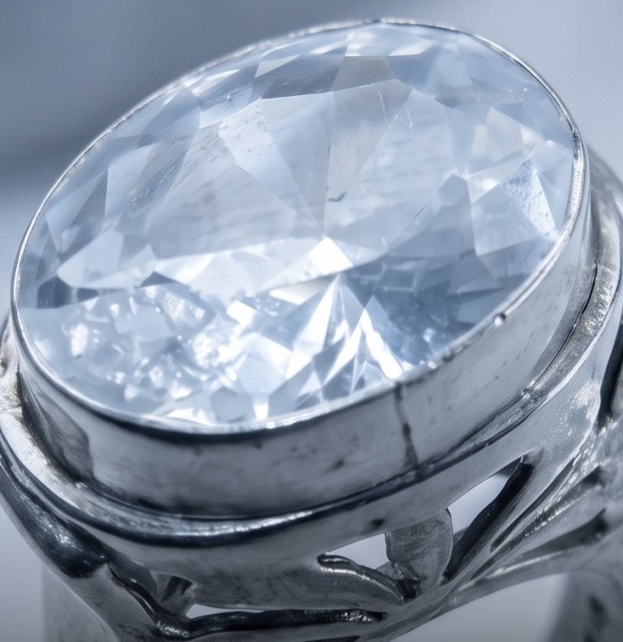 Ice 11.8 carat White Topaz .925 Sterling Silver dipped in rhodium handcrafted ring size 6 1/4 - Close-up of 11.8 carat white topaz ring in sterling silver.
