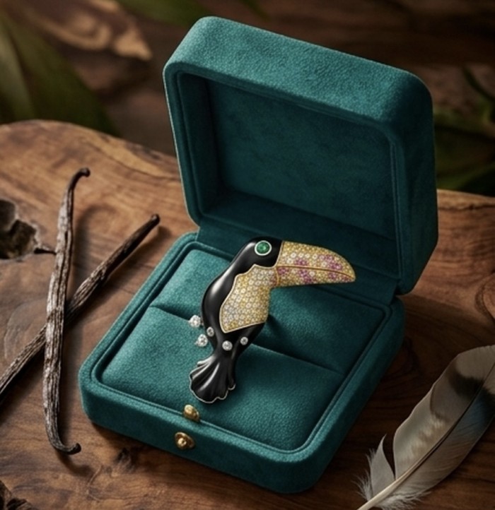 Exotic Toucan - Genuine 2.5 carat pave Ruby Emerald black enamel .925 Sterling Silver dipped in 18k Gold handmade Pendant - Brooch - Exotic Toucan brooch in box, top view, showing Ruby and Emerald details.