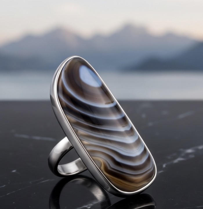 Sahara Dune Top Quality Botswana Agate .925 Sterling Silver handcrafted Ring s. 8 adjustable - Side view of Sahara Dune Botswana Agate ring in Sterling Silver