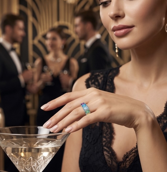 My own Rainbow - authentic 8.7 carat multigem .925 Sterling Silver Eternity Ring size 7 - Woman wearing "My Own Rainbow" ring, holding a glass, at a glamorous event.