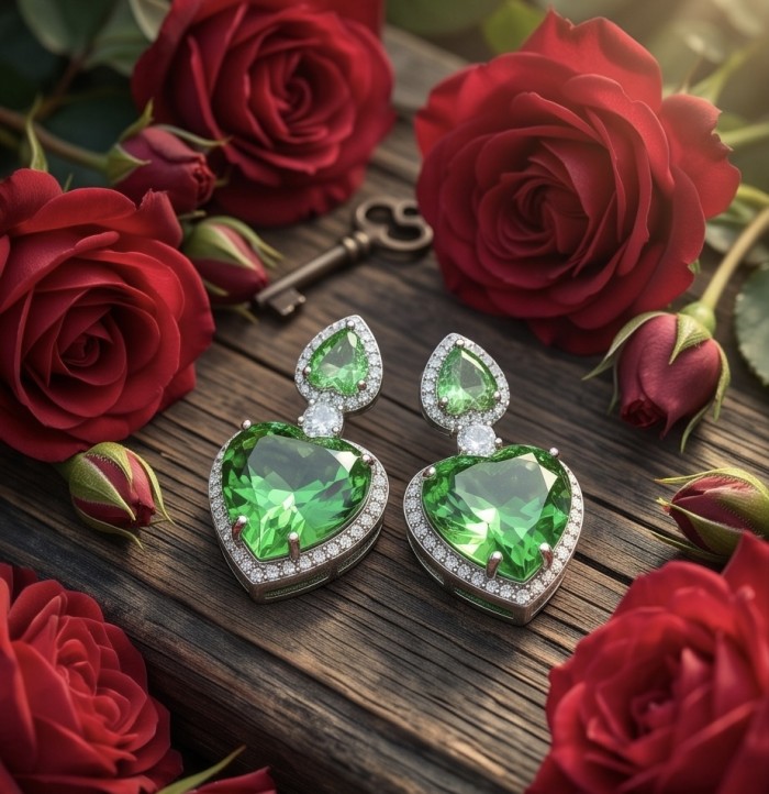 MOTHER NATURE - 18.5 carat Green Topaz .925 Sterling Silver handmade Statement earrings - Green Topaz earrings with roses and antique key on wooden surface.