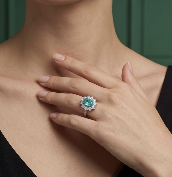 Elizabeth 6.4 carat Paraiba Tourmaline .925 Sterling Silver Handcrafted Ring size 5 - Emerald-cut Paraiba tourmaline ring worn on hand, showcasing details.