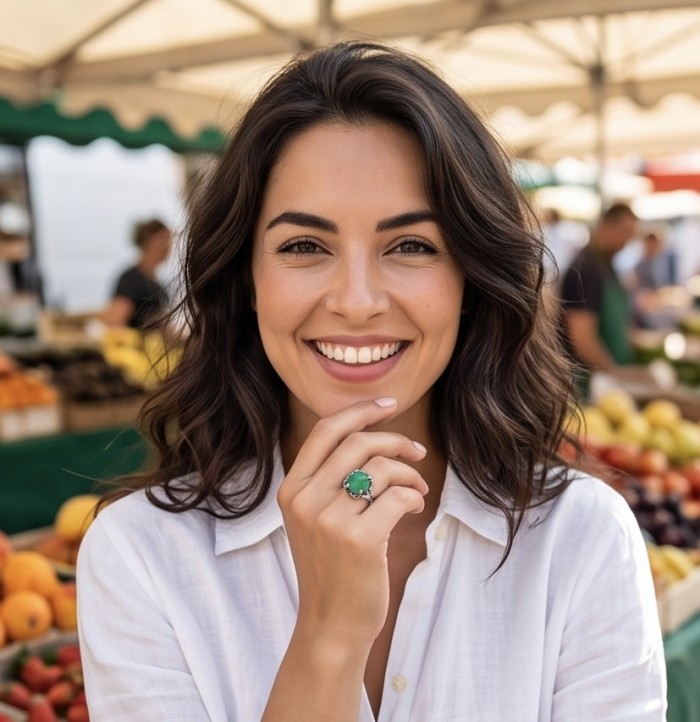 Stella - Very Unique authentic 14.5 carat Jade .925 Sterling Silver handcrafted Ring s. 7 1/4 - Woman wearing Stella jade ring, front view, smiling at market.
