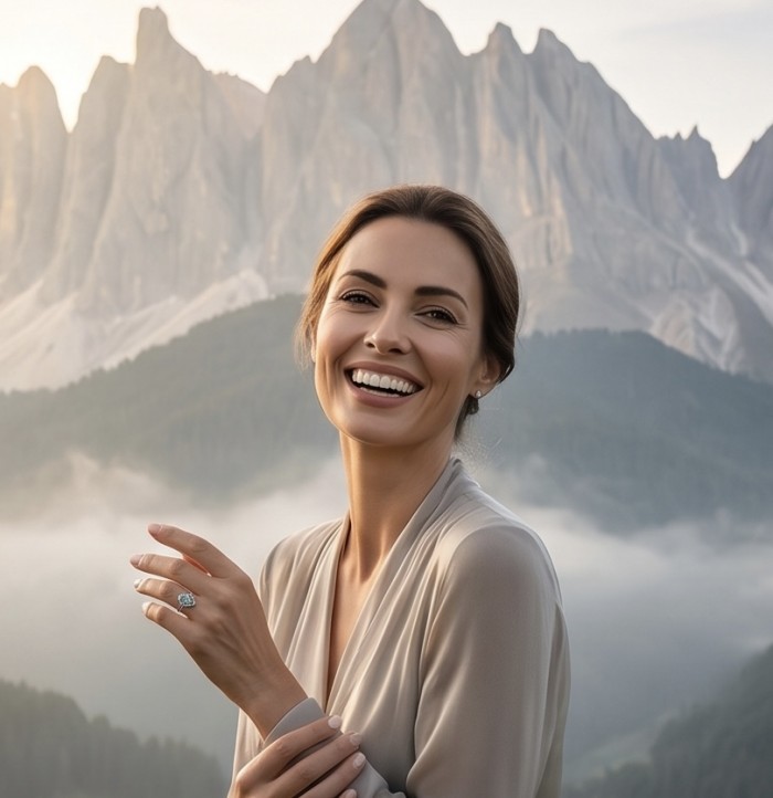 11.5 carat Grandidierite .925 Sterling Silver Handcrafted Ring size 6 1/4 - Woman wearing 11.5 carat Grandidierite ring, mountain background.