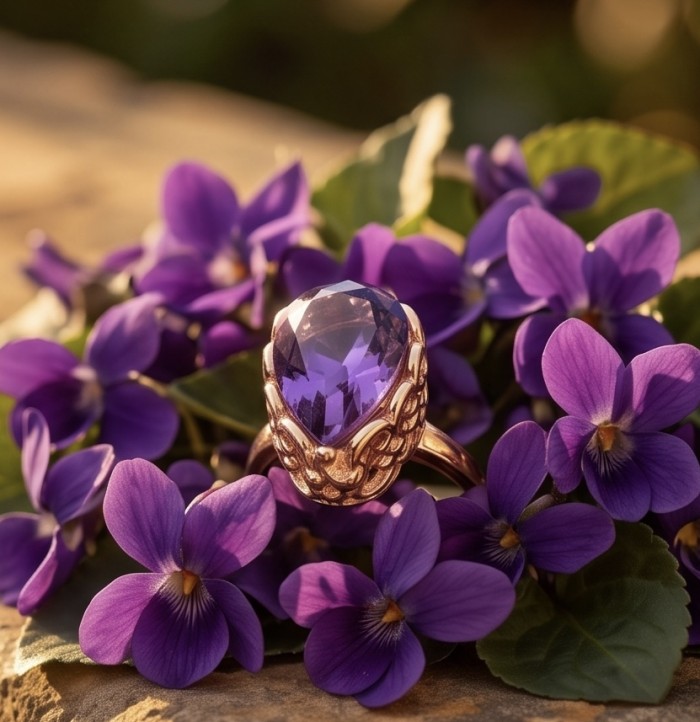 Peace 9.5 carat natural Amethyst 18K Rose Gold over .925 Sterling Silver Handcrafted Ring size 6 - Amethyst ring on violets, stone close-up, 18K Rose Gold setting.
