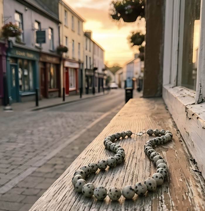 Nature Inspired genuine Dalmatian Jasper .925 Sterling Silver handmade necklace - Dalmatian Jasper necklace on wood ledge, side view at sunset street.