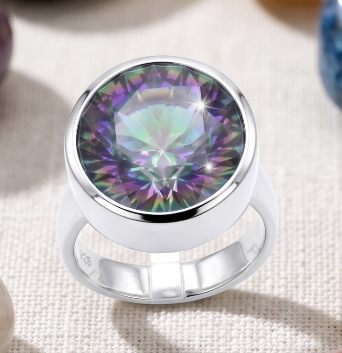 10.8 carat Mystic Topaz .925 Sterling Silver handcrafted Large ring size 7 - Close-up of Mystic Topaz 10.8 ct ring in .925 Sterling Silver setting