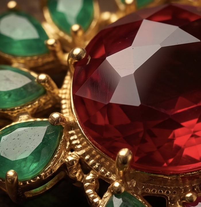 Abundant Blessings Genuine 22.5 carat Ruby 8.2 carat Emerald 18K Gold over .925 Sterling Silver handmade Pendant - Close-up of Abundant Blessings ruby and emerald gemstone jewelry