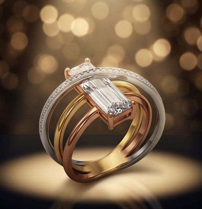 Extravaganza - Authentic 4.5 CARAT natural Moissanite 3 tones .925 Sterling Silver dipped in rhodium handcrafted Ring size 8 - Three-tone ring with baguette moissanite, angled view with background bokeh.