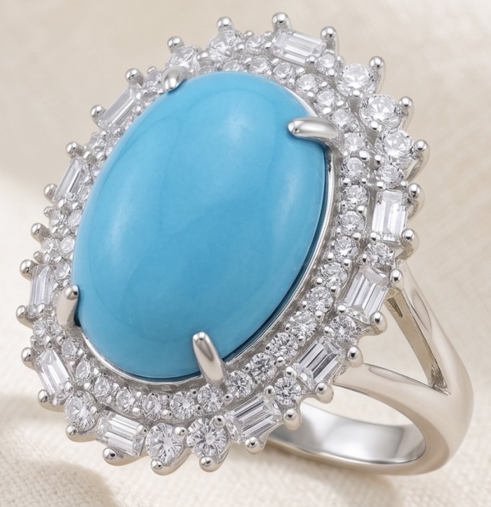 Authentic Sleeping Beauty Turquoise RHODIUM over .925 Sterling Silver handcrafted Statement Ring size 6 - Turquoise ring stone close-up with diamond halo design
