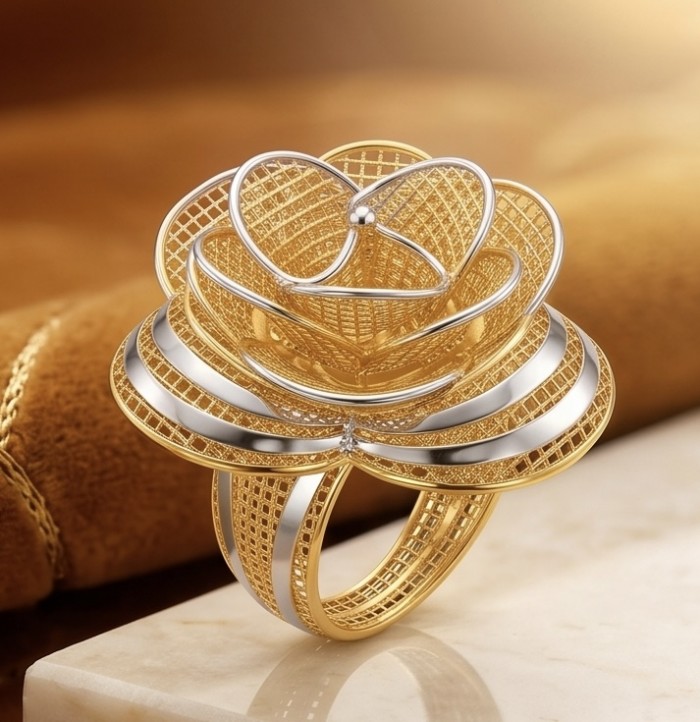 GOLDEN ROSE - Dubai Style - .925 Sterling Silver dipped in 22K Gold handmade Large ring size 8 - Golden rose ring, Dubai style, side view, intricate lattice design.