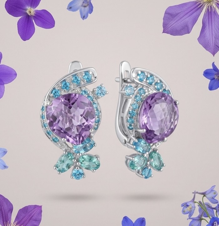 RARE BEAUTY! Valentina 18.9 carat Amethyst .925 Sterling Silver dipped in rhodium Statement handcrafted earrings - Earrings front view with amethyst and blue stones, floral background.