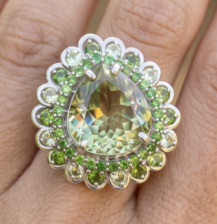 Charlotte Authentic 15.4 carat Green Amethyst rhodium over .925 Sterling Silver handcrafted Statement Ring size 8 1/4 - Green Amethyst ring close-up, worn on hand