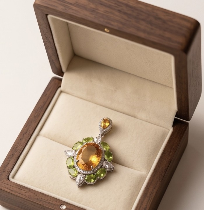 Giovanna 22.2 carat authentic Brazilian Citrine rhodium over .925 Sterling Silver handmade Pendant - Citrine pendant in open wooden box, top view