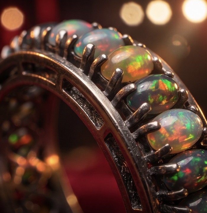 Milky way Genuine 8.2 carat Black Opal 18K Gold over .925 Sterling Silver handmade eternity Ring size 8 - Close-up of Milky Way Black Opal stones in 18K Gold setting.