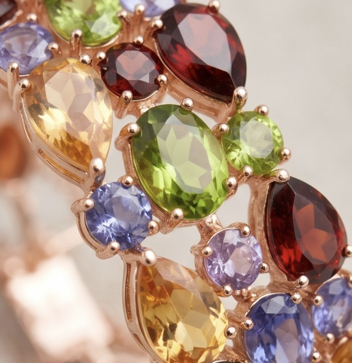Tutti Frutti 125.5 CARAT MULTIGEM 14k Gold over .925 Sterling Silver brilliantly handcrafted Bracelet - Stone close-up of Tutti Frutti multigem ring in 14k gold.