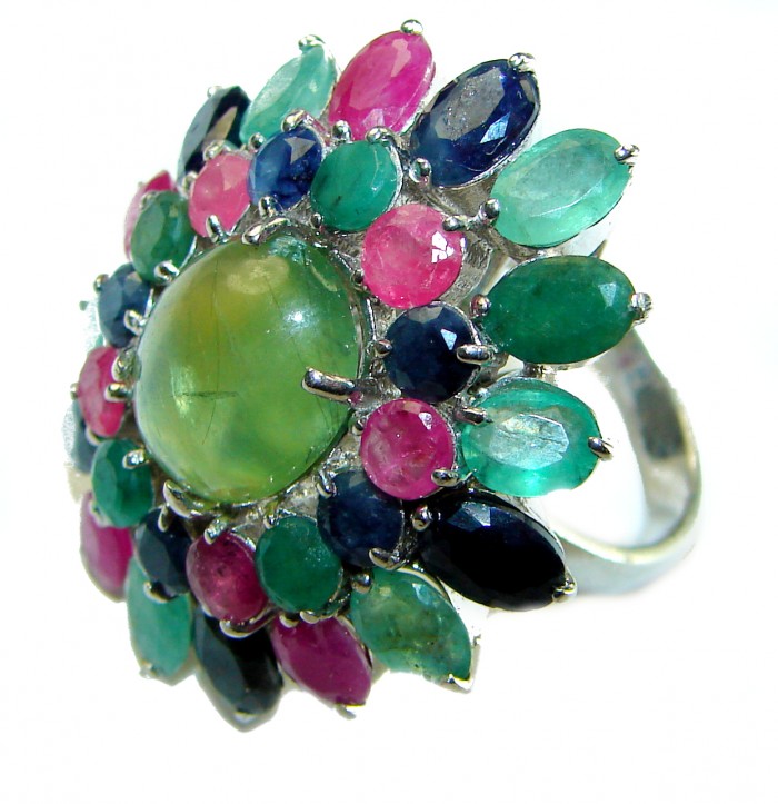 Incredible 45.5 carat Prehnite Ruby Emerald Sapphire . 925 Sterling Silver Ring s. 7 - photo 2