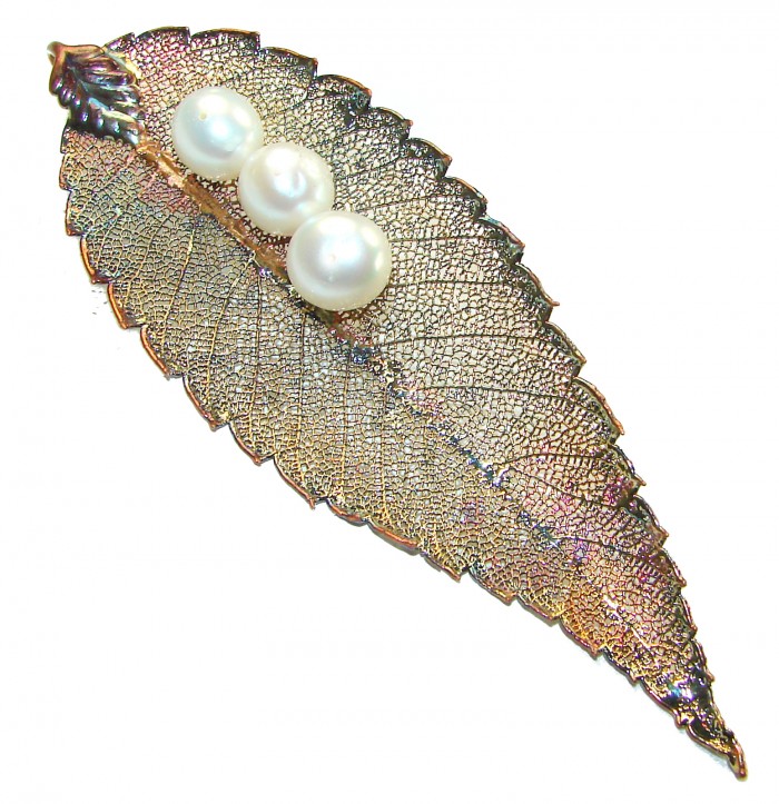 Long! REAL Leaf dipped in Sterling Silver and Gold with Pearls and 14K Gold & .925 Sterling Silver Pendant - photo 2