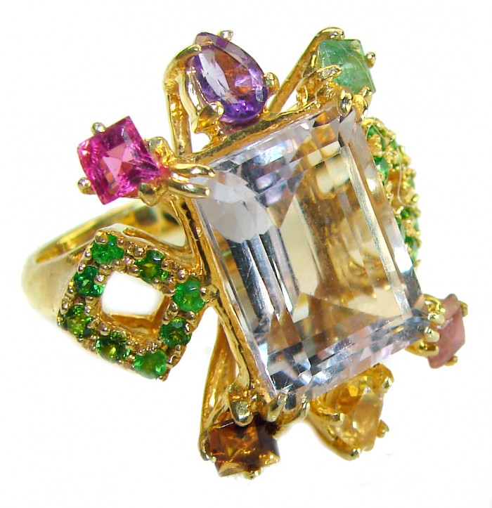 Blooming Orchid 17.5 carat Pink Amethyst 14K Gold over .925 Silver handcrafted Cocktail Ring s. 9 - Close-up of Blooming Orchid ring with multicolored gemstones.