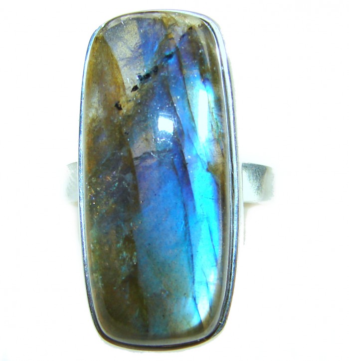 Shimmering Natural Labradorite .925 Sterling Silver handcrafted Large ring size 8 adjustable - Rectangular labradorite ring in .925 sterling silver, stone close-up.
