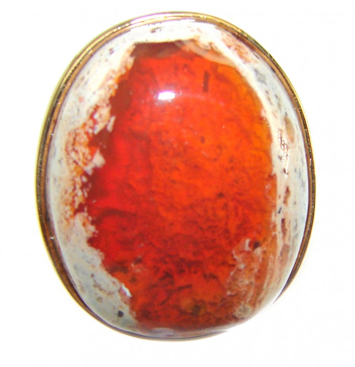 Queen of Fire best quality 28.4 carat Mexican Opal .925 Sterling Silver handmade ring 6 adjustable - Close-up of 28.4 carat Mexican opal in sterling silver setting.