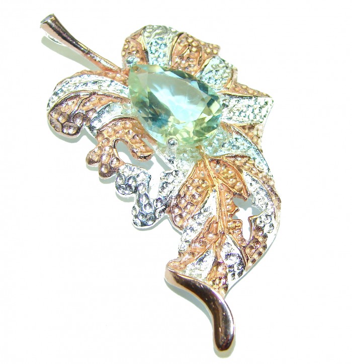 Precous Leaf Genuine Green Amethst 18K Gold over .925 Sterling Silver handcrafted Statement pendant - Leaf-shaped brooch with green amethyst, top view.