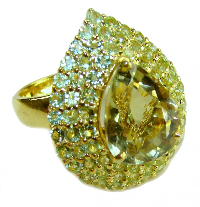 Golden Treasure 25.5 carat Citrine .925 Sterling Silver dipped in 14K Gold Handcrafted Huge Ring size 6 1/2 - Close-up of Golden Treasure 25.5 carat Citrine ring with sterling silver dip.