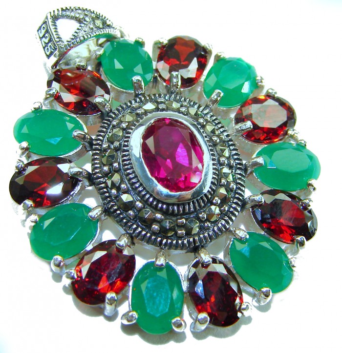 Giovanna 22.2 carat authentic Ruby Emerald Marcasite .925 Sterling Silver handmade Pendant - Ruby, emerald, marcasite pendant, top view, showcasing stones.