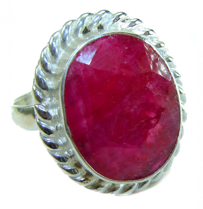 Authentic Ruby .925 Sterling Silver brilliantly handcrafted ring s. 8 1/4 - Ruby stone close-up in handcrafted .925 sterling silver ring