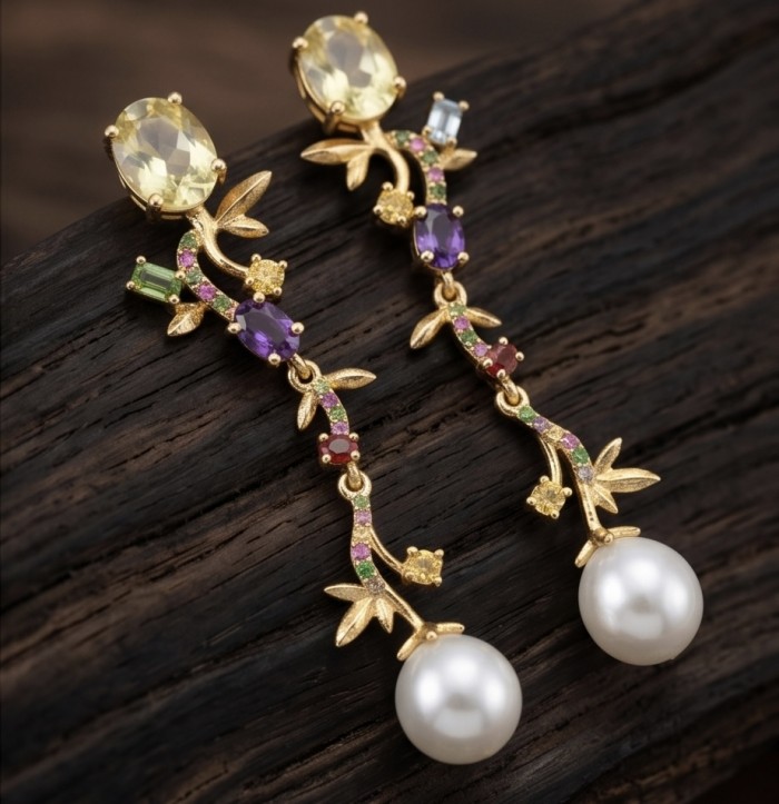 Golden Royalty 6.5 carat Citrine Pearl 18K Gold over .925 Sterling Silver brilliantly handcrafted earrings - Dangling earrings with citrine, pearls, and gemstones on wood background.